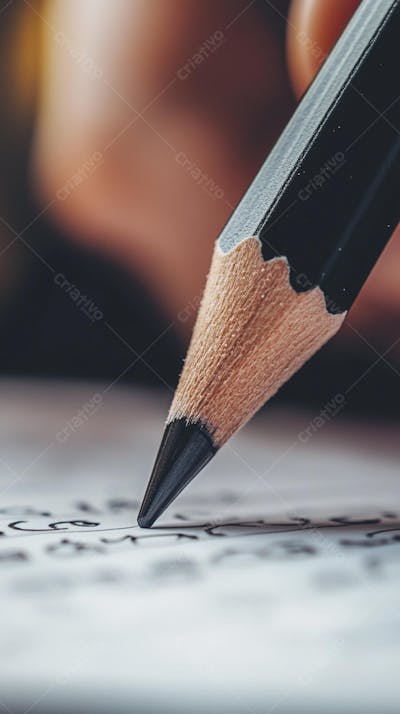 Close-up de um lápis escrevendo em papel com foco suave