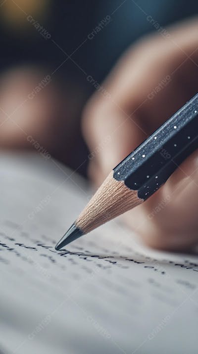 Close-up de um lápis escrevendo em papel com foco suave