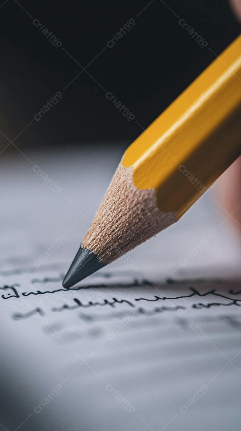 Close-up de um lápis escrevendo em papel com foco suave