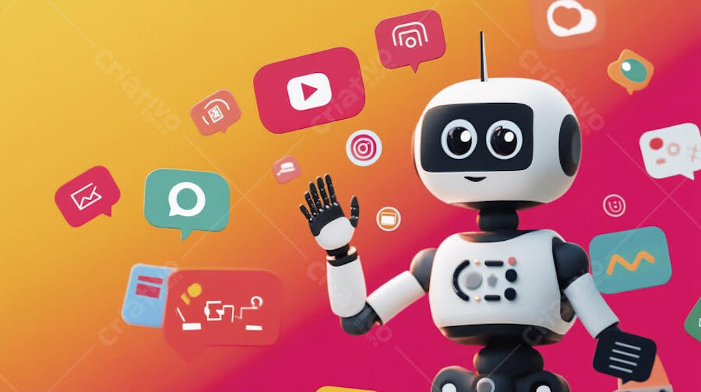 Ilustração de um robô interagindo com redes sociais e tecnologia digital