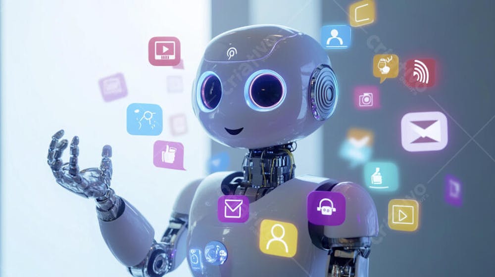 Ilustração de um robô interagindo com redes sociais e tecnologia digital