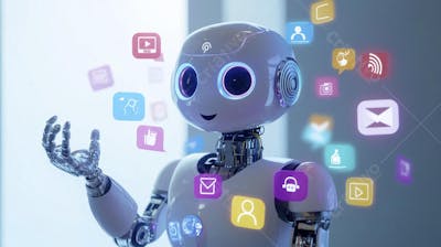 Ilustração de um robô interagindo com redes sociais e tecnologia digital