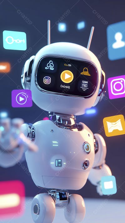 Ilustração de um robô interagindo com redes sociais e tecnologia digital