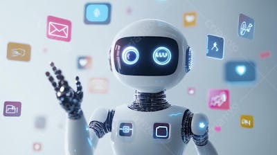 Ilustração de um robô interagindo com redes sociais e tecnologia digital