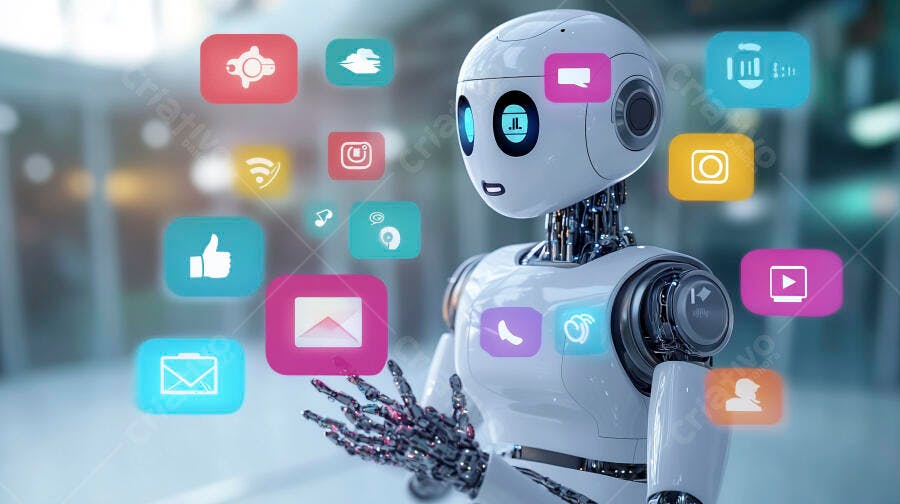Robô interagindo com ícones de mídia social