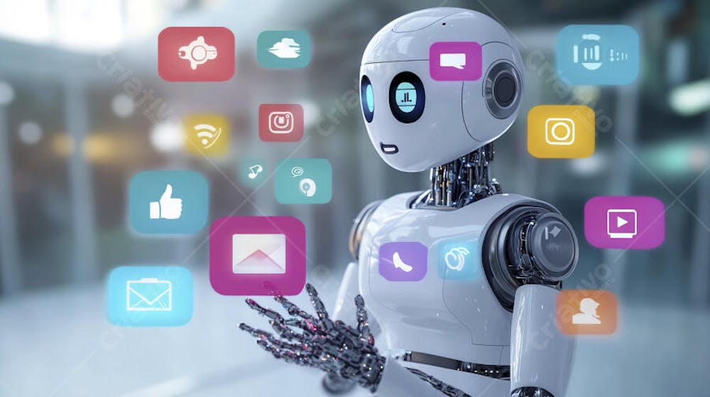 Ilustração de um robô interagindo com redes sociais e tecnologia digital