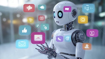 Ilustração de um robô interagindo com redes sociais e tecnologia digital