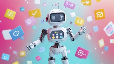 Ilustração de um robô interagindo com redes sociais e tecnologia digital