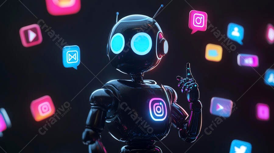 Robô futurista com ícones de mídia social