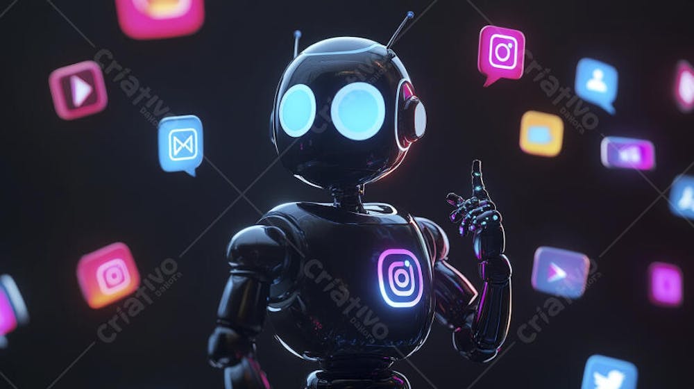 Ilustração de um robô interagindo com redes sociais e tecnologia digital