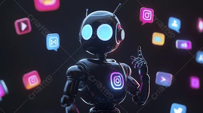 Ilustração de um robô interagindo com redes sociais e tecnologia digital