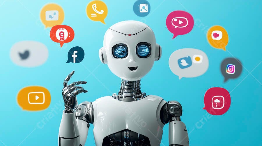 Robô branco interagindo com ícones de mídia social
