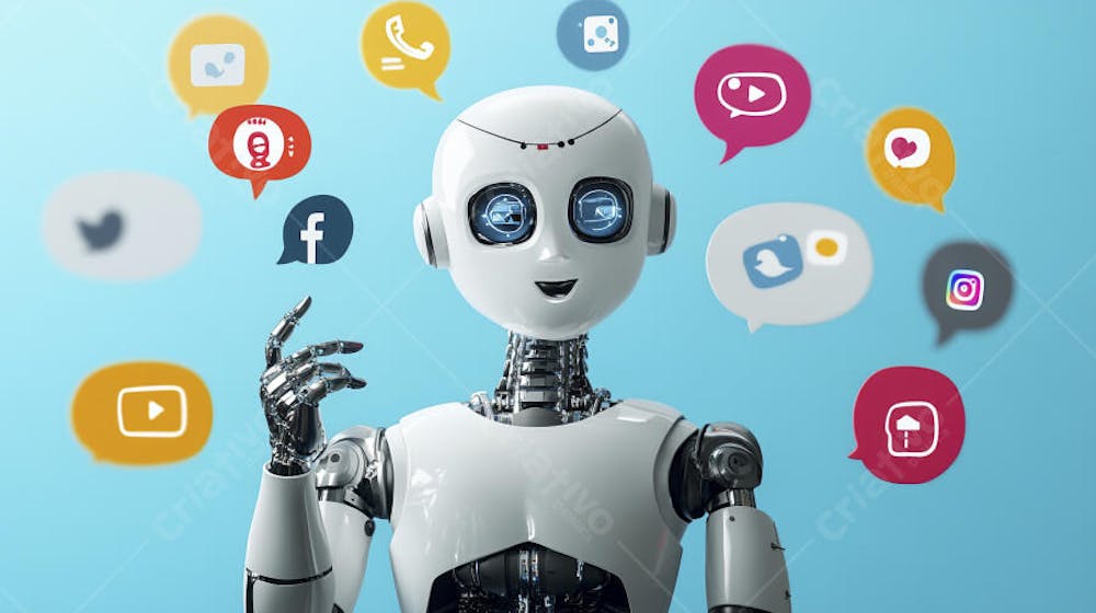 Ilustração de um robô interagindo com redes sociais e tecnologia digital