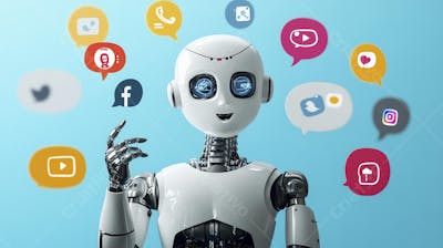 Ilustração de um robô interagindo com redes sociais e tecnologia digital