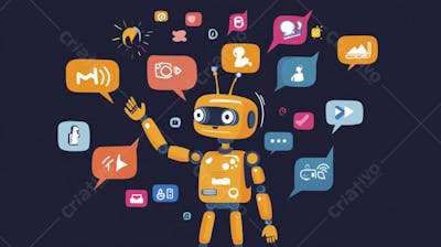Ilustração de um robô interagindo com redes sociais e tecnologia digital