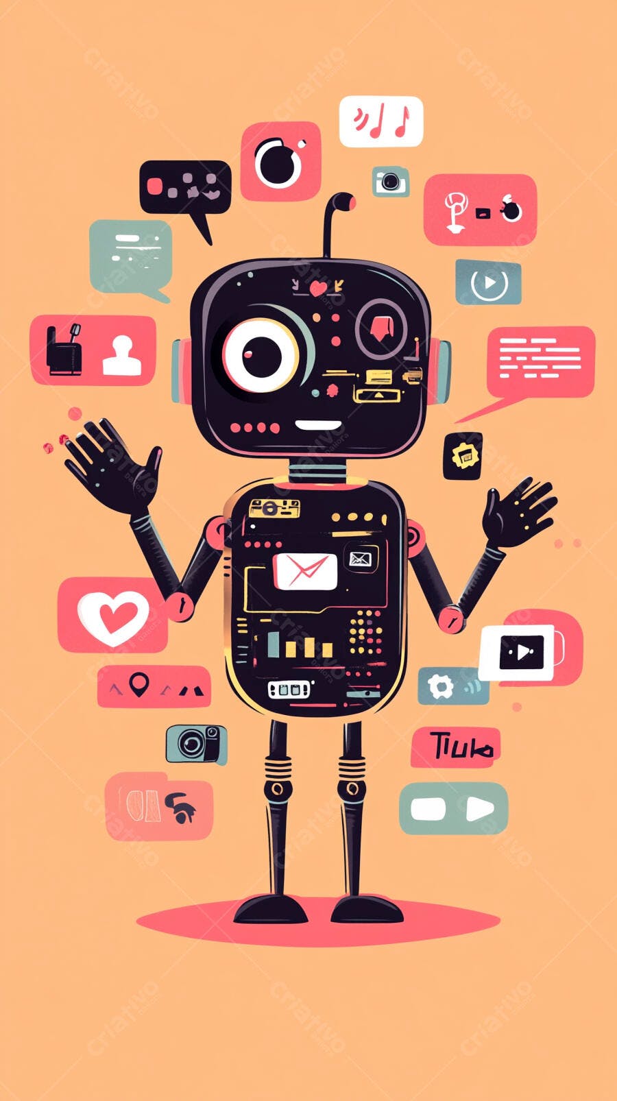 Robô amigável com ícones de mídia social