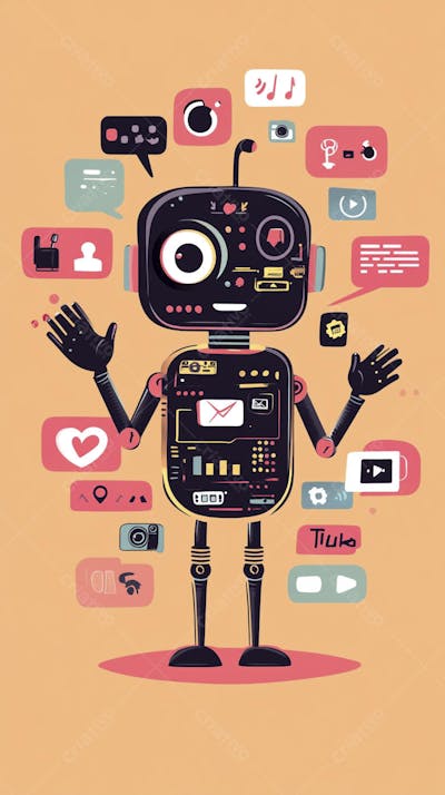 Ilustração de um robô interagindo com redes sociais e tecnologia digital