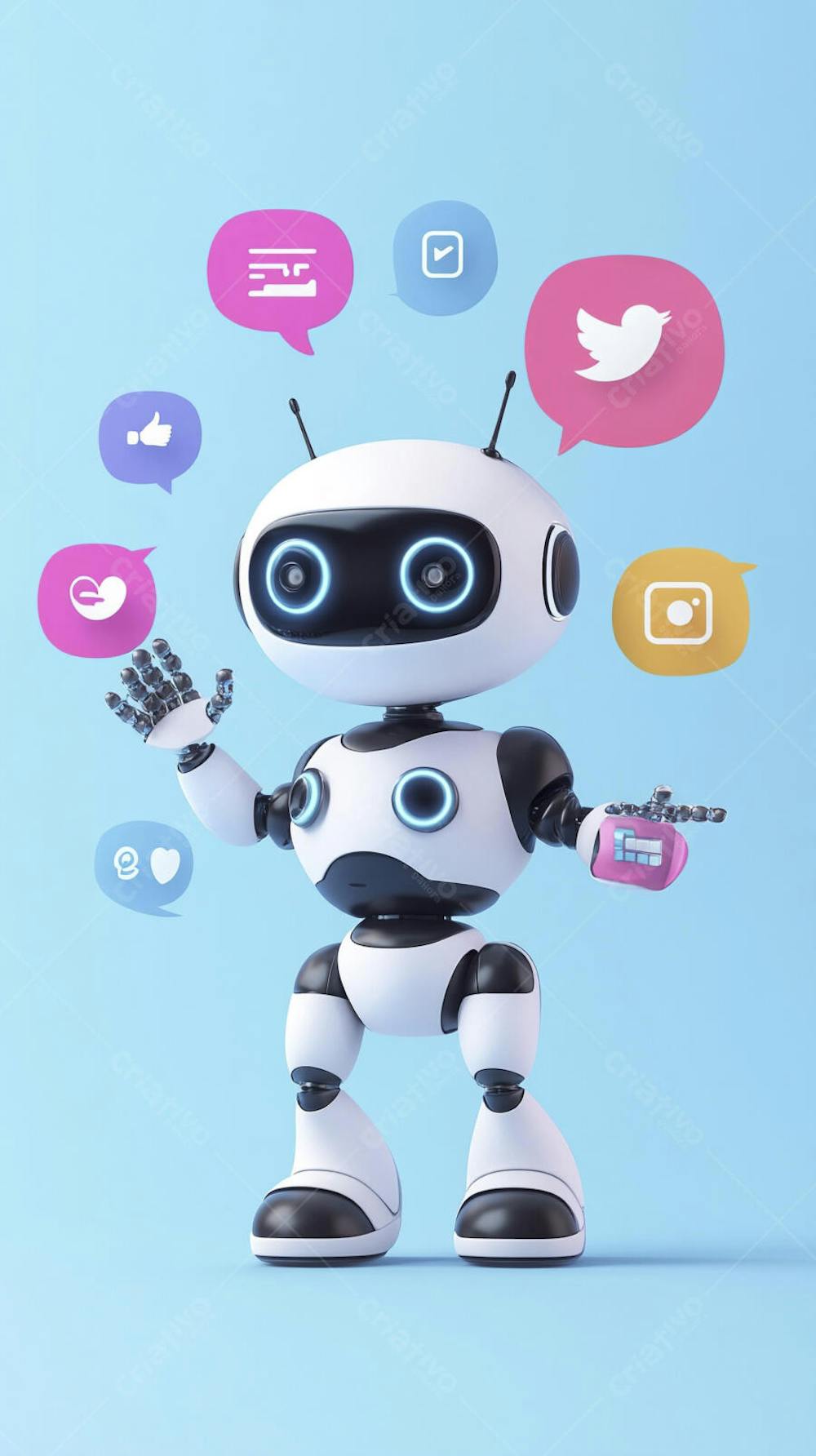 Ilustração de um robô interagindo com redes sociais e tecnologia digital