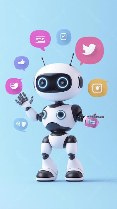 Ilustração de um robô interagindo com redes sociais e tecnologia digital