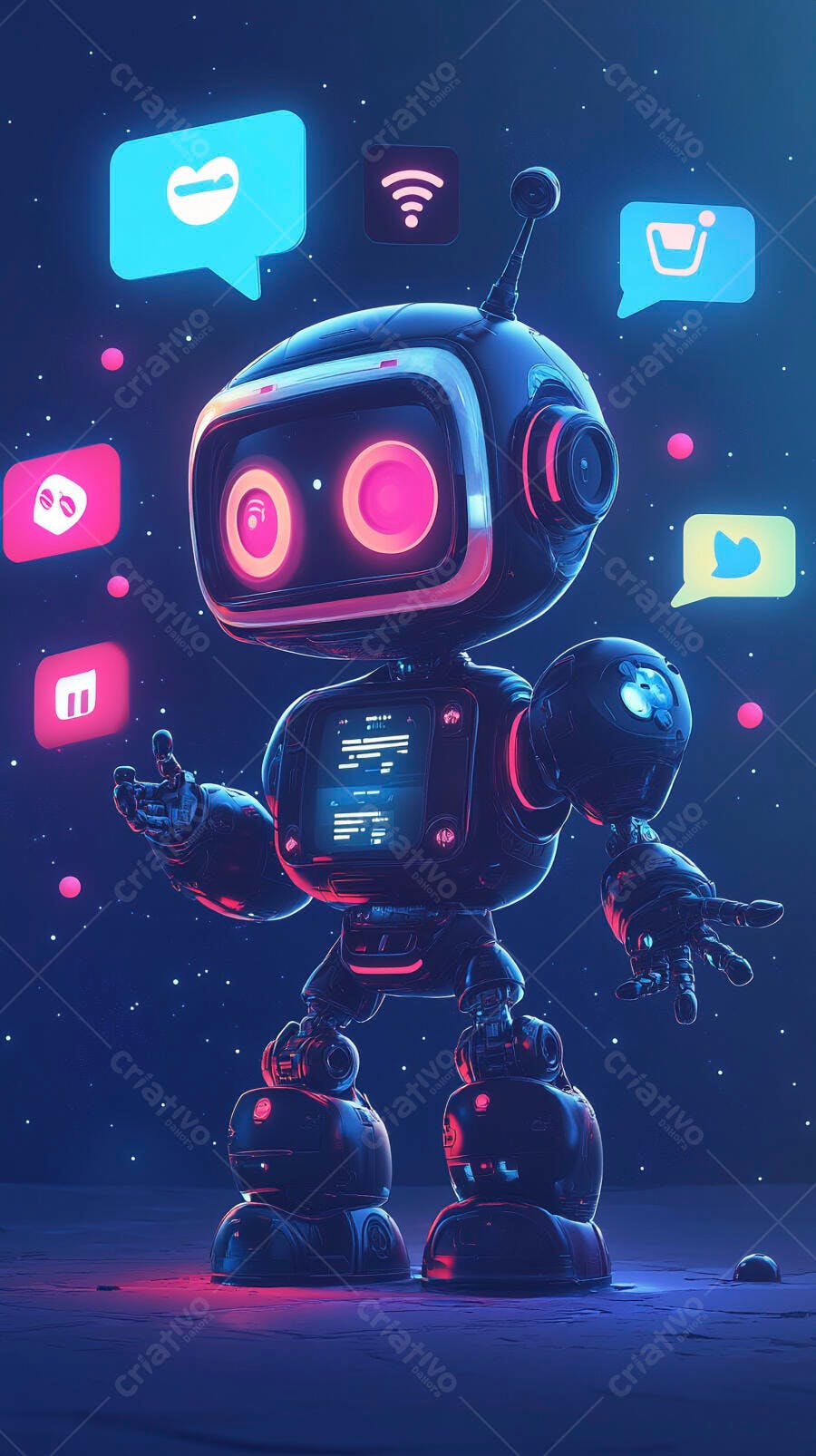 Robô futurista com ícones de mídia social