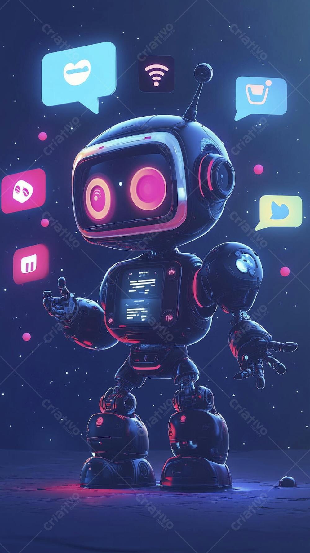 Ilustração de um robô interagindo com redes sociais e tecnologia digital