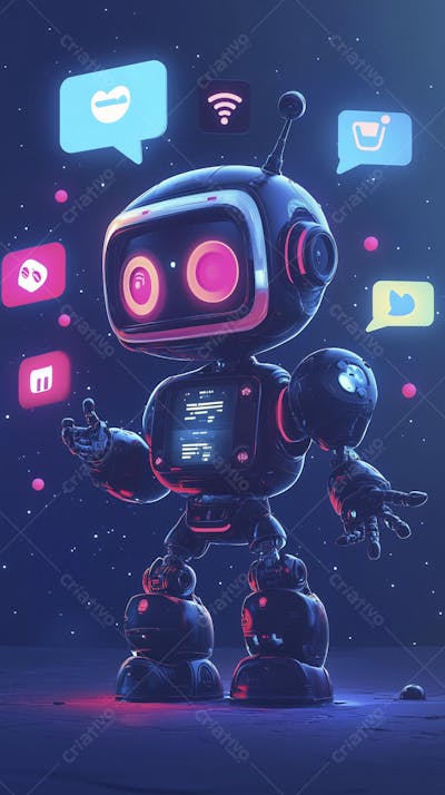 Ilustração de um robô interagindo com redes sociais e tecnologia digital