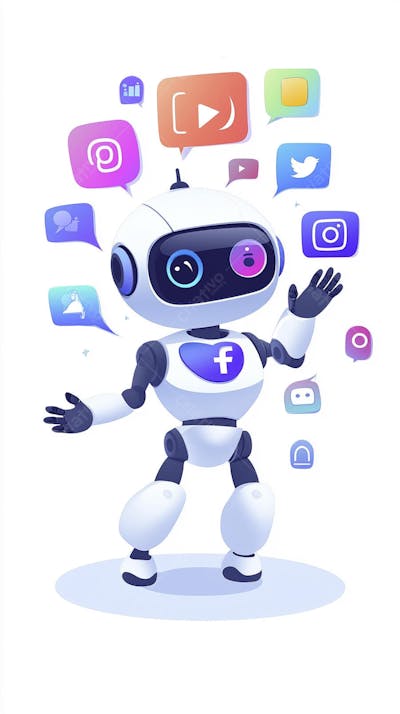 Ilustração de um robô interagindo com redes sociais e tecnologia digital