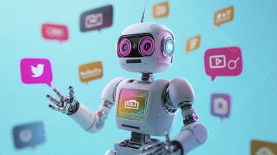 Ilustração de um robô interagindo com redes sociais e tecnologia digital