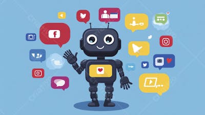 Ilustração de um robô interagindo com redes sociais e tecnologia digital