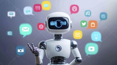 Ilustração de um robô interagindo com redes sociais e tecnologia digital