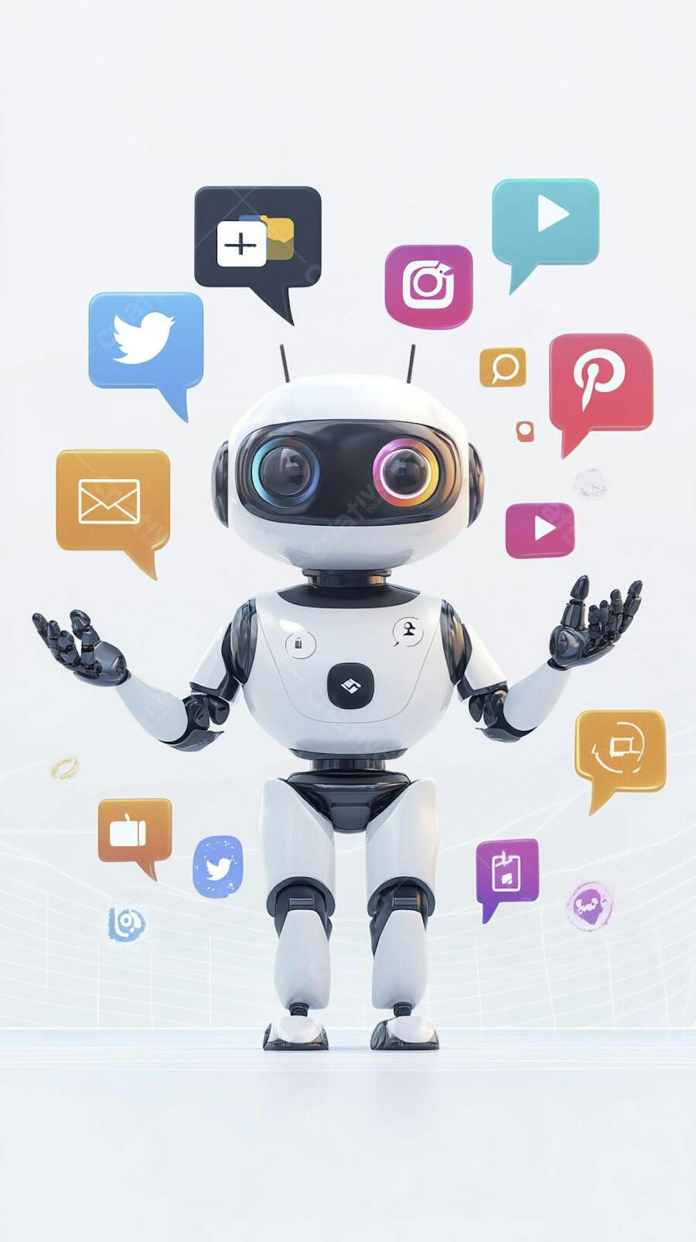 Ilustração de um robô interagindo com redes sociais e tecnologia digital