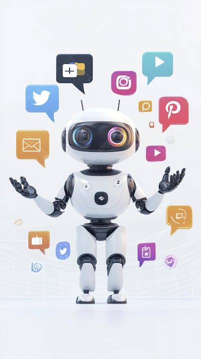 Ilustração de um robô interagindo com redes sociais e tecnologia digital