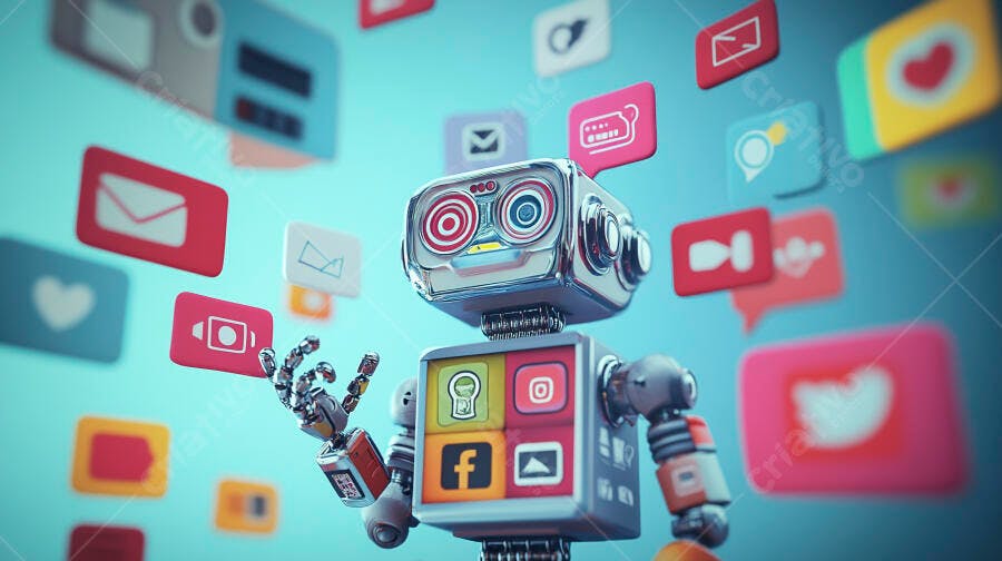 Robô retrô interagindo com ícones de mídia social