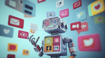 Ilustração de um robô interagindo com redes sociais e tecnologia digital
