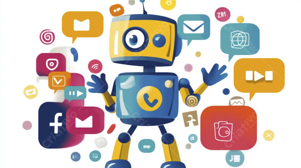 Ilustração de um robô interagindo com redes sociais e tecnologia digital