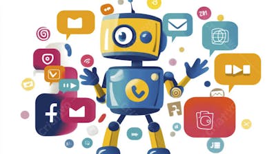 Ilustração de um robô interagindo com redes sociais e tecnologia digital