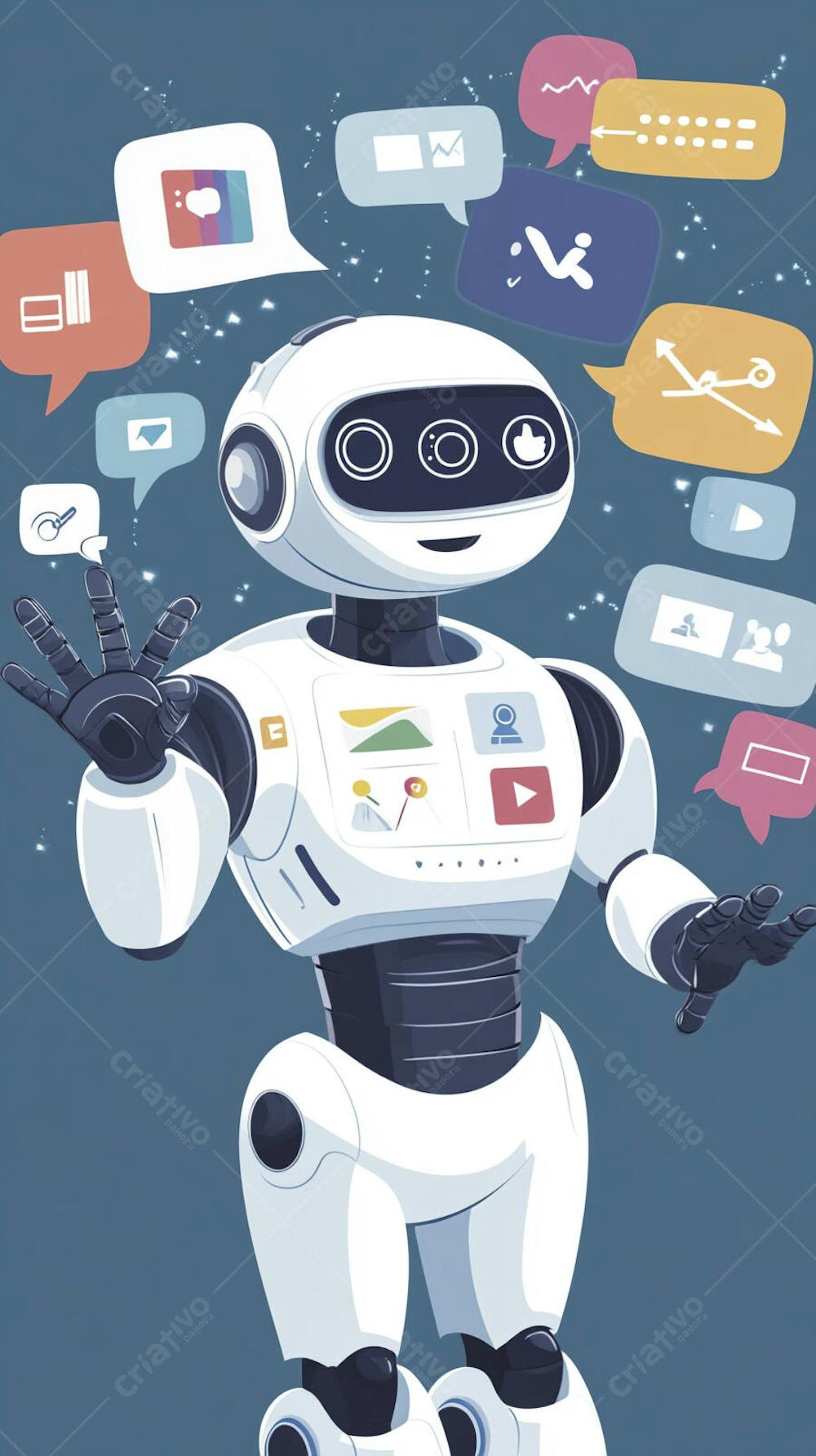 Ilustração de um robô interagindo com redes sociais e tecnologia digital