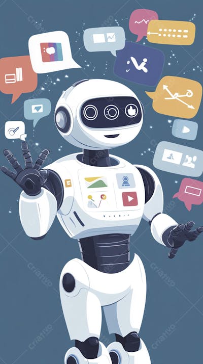 Ilustração de um robô interagindo com redes sociais e tecnologia digital
