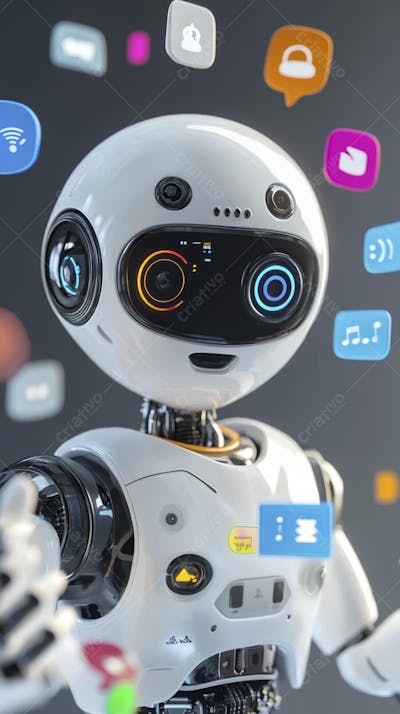 Ilustração de um robô interagindo com redes sociais e tecnologia digital