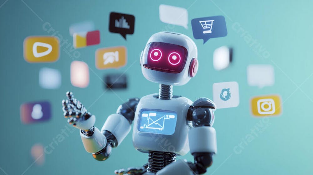 Ilustração de um robô interagindo com redes sociais e tecnologia digital