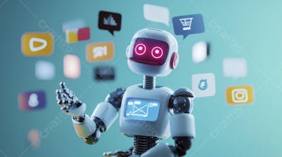 Ilustração de um robô interagindo com redes sociais e tecnologia digital