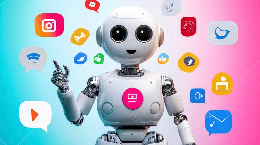 Robô amigável com ícones de mídia social
