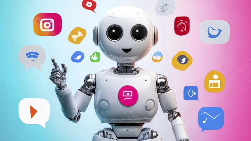 Ilustração de um robô interagindo com redes sociais e tecnologia digital