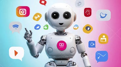 Ilustração de um robô interagindo com redes sociais e tecnologia digital