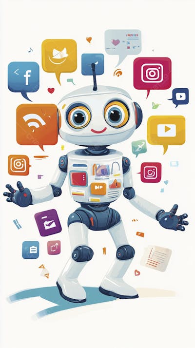 Ilustração de um robô interagindo com redes sociais e tecnologia digital