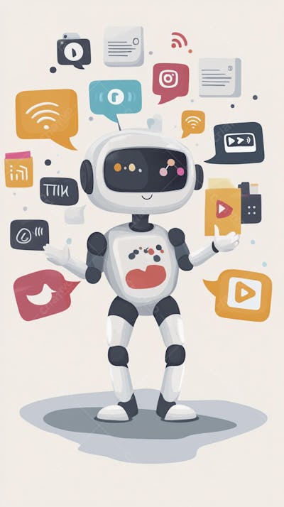 Ilustração de um robô interagindo com redes sociais e tecnologia digital