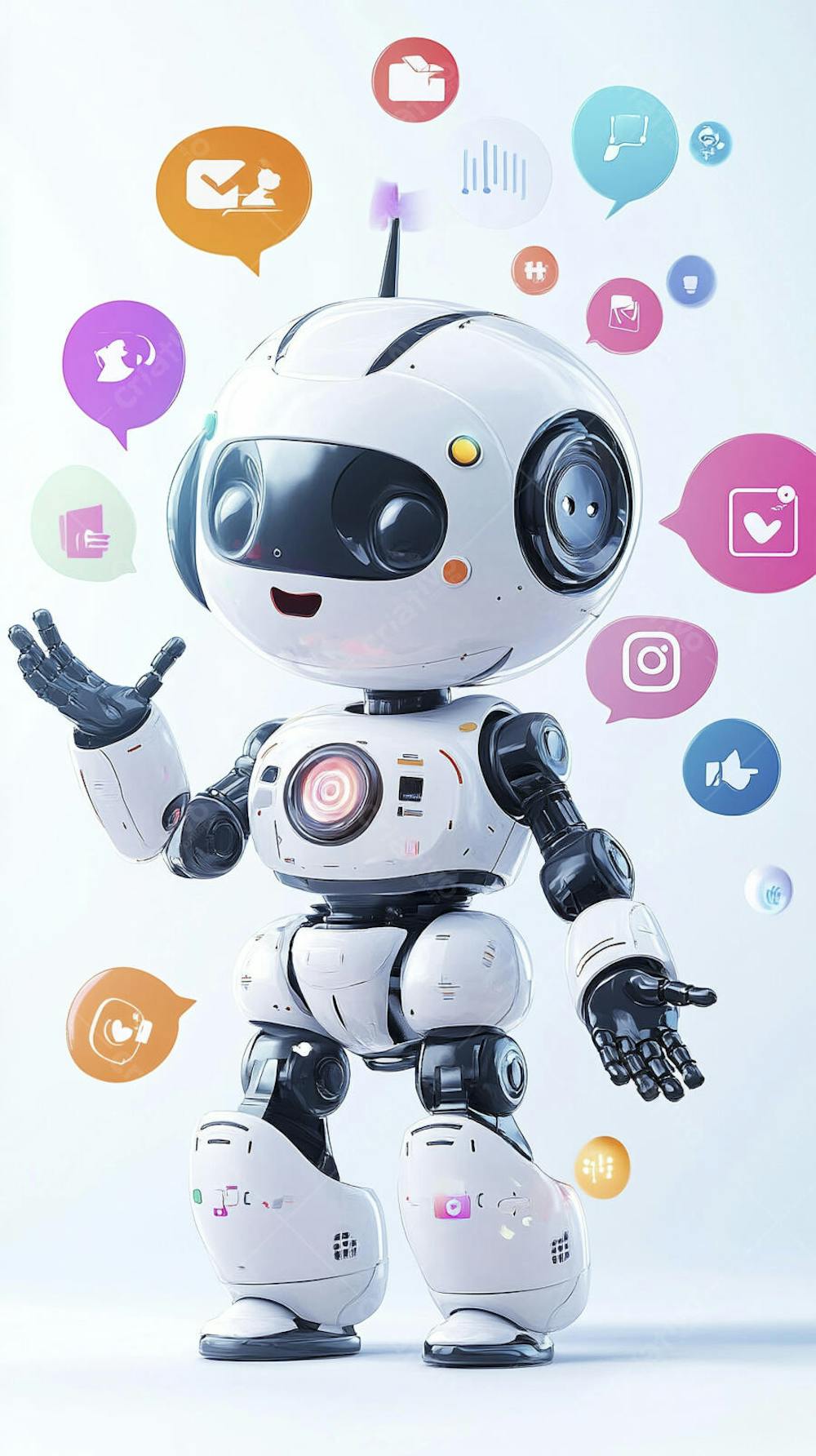 Ilustração de um robô interagindo com redes sociais e tecnologia digital