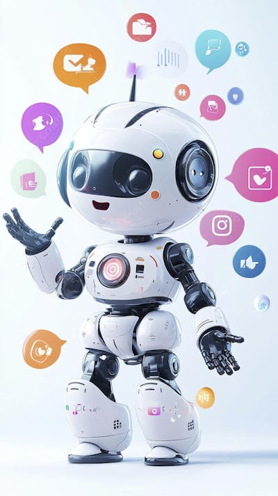Ilustração de um robô interagindo com redes sociais e tecnologia digital