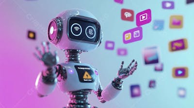 Ilustração de um robô interagindo com redes sociais e tecnologia digital