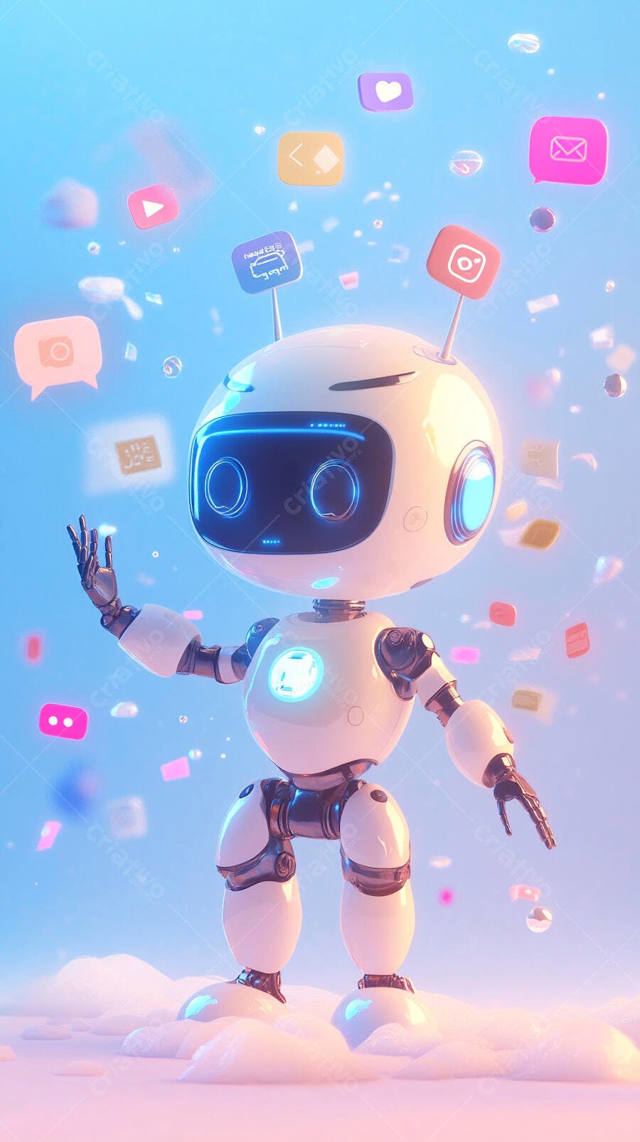 Robô fofo interagindo com ícones de mídia social